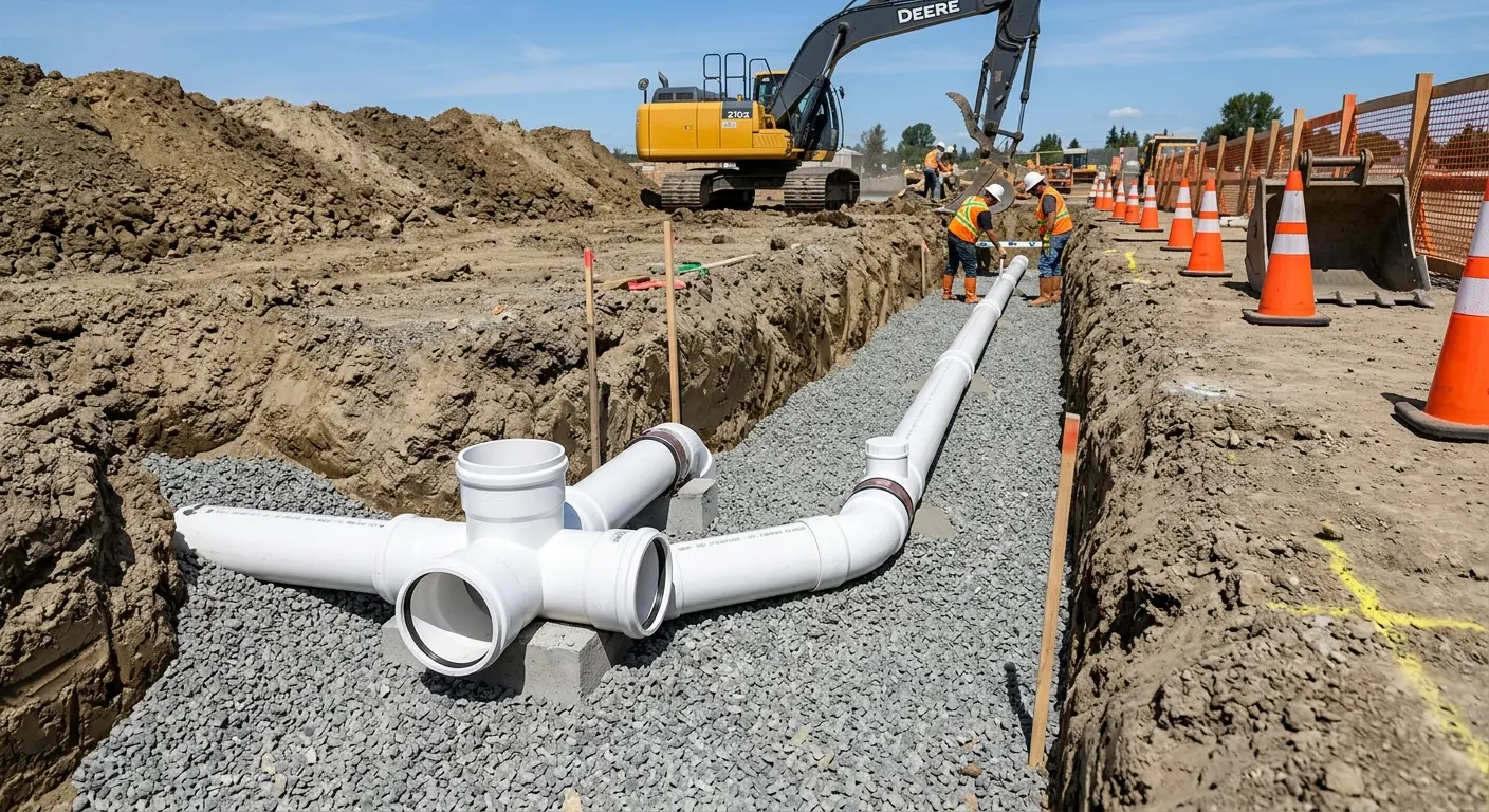 New PVC sewer pipe installation in open trench for Commercial Drain Cleaning in Midway