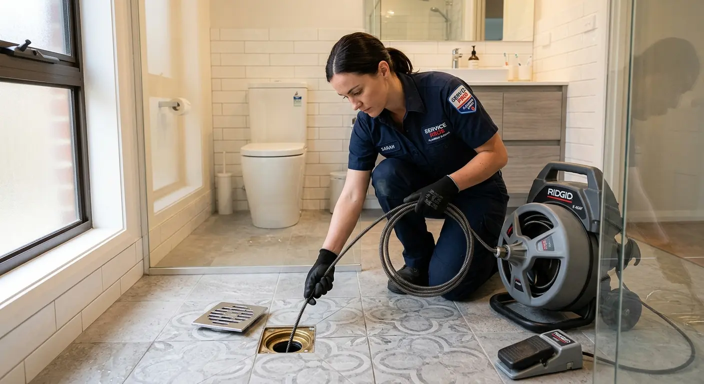 Technician clearing a bathroom floor drain for Hydro Jetting in Midway